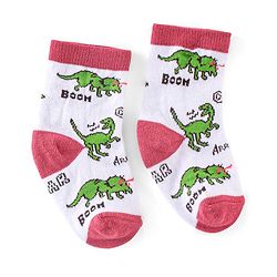 Cute Walk by Babyhug Non Terry Anti Bacterial Ankle Length Socks Dino Design Pack of 3 - Pink & White