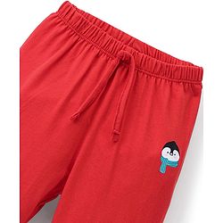 Babyhug Cotton Knit Full Length Lounge Pant Penguin Print - Red