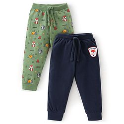 Babyhug Cotton Full Length Lounge Pants Fox Print Pack of 2 - Blue & Green
