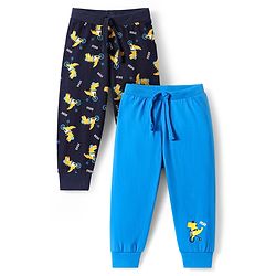 Babyhug Cotton Knit Full Length Dino Printed Lounge Pants Pack of 2 - Navy & Medium Blue