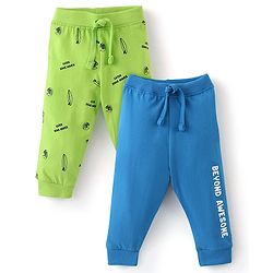 Babyhug Cotton Knit Full Length Lounge Pants with Draw Cord & Text Print Pack of 2 - Green & Blue