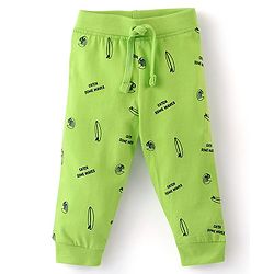Babyhug Cotton Knit Full Length Lounge Pants with Draw Cord & Text Print Pack of 2 - Green & Blue