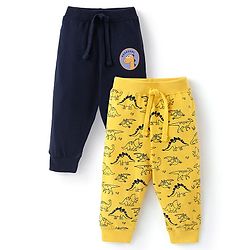 Babyhug Cotton Knit Full Length Lounge Pants with Draw Cord & Dino Print Pack of 2 - Navy & Yellow