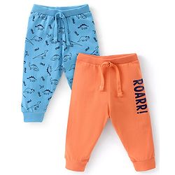 Babyhug Cotton Knit Full Length Lounge Pants Dino Print Pack of 2 - Blue & Orange