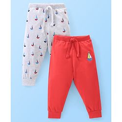 Babyhug Cotton Full Length Lounge Pants Boat Print Pack of 2- Red & White