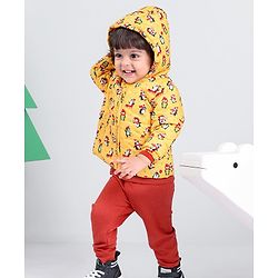 Babyhug Full Sleeves Hooded & Padded Jacket Penguin Print- Yellow
