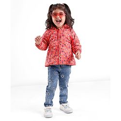 Babyhug Full Sleeves Hooded & Padded Jacket Floral Print- Coral