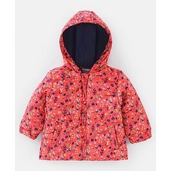 Babyhug Full Sleeves Hooded & Padded Jacket Floral Print- Coral