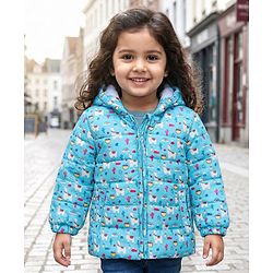 Babyhug Full Sleeves Hooded & Padded Jacket Llama Print- Blue