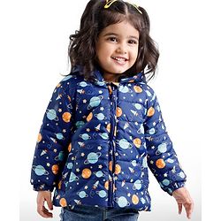 Babyhug Full Sleeves Hooded & Padded Jacket Outer Space Print- Navy Blue