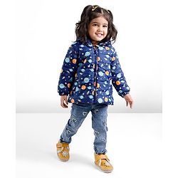 Babyhug Full Sleeves Hooded & Padded Jacket Outer Space Print- Navy Blue