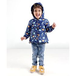 Babyhug Full Sleeves Hooded & Padded Jacket Outer Space Print- Navy Blue