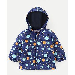 Babyhug Full Sleeves Hooded & Padded Jacket Outer Space Print- Navy Blue