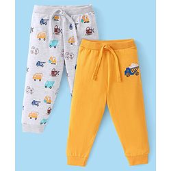 Babyhug Cotton Knit Full Length Lounge Pant Construction Vehicle Print Pack Of 2 - Yellow & White