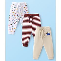 Babyhug Cotton Knit Full Length Lounge Pant Striped & Dino Print Pack of 3 - Beige Red & White