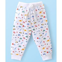 Babyhug Cotton Knit Full Length Lounge Pant Striped & Dino Print Pack of 3 - Beige Red & White