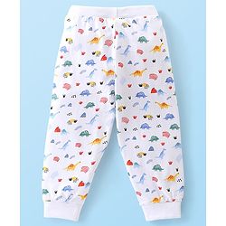 Babyhug Cotton Knit Full Length Lounge Pant Striped & Dino Print Pack of 3 - Beige Red & White