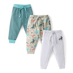 Babyhug Cotton Knit Full Length Lounge Pants Stripes & Dino Print Pack of 3 - Green Beige & White
