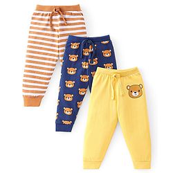 Babyhug Cotton Knit Full Length Lounge Pants Stripes & Teddy Print Pack of 3 - Brown Blue & Yellow