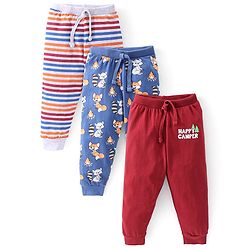 Babyhug Cotton Full Length Lounge Pants Striped & Wolf Printed Pack of 3 - Red & Blue