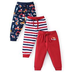 Babyhug Cotton Knit Full Length Lounge Pants Stripes & Rockets Print Pack of 3 - White Red & Navy Blue