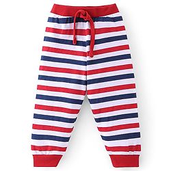 Babyhug Cotton Knit Full Length Lounge Pants Stripes & Rockets Print Pack of 3 - White Red & Navy Blue