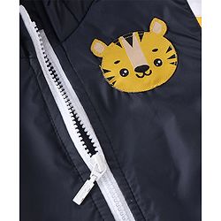 Babyhug Woven Full Sleeves Hooded Jacket With Tiger Patch - Navy Blue & White