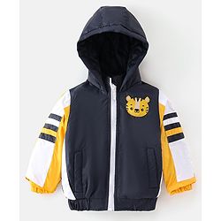 Babyhug Woven Full Sleeves Hooded Jacket With Tiger Patch - Navy Blue & White