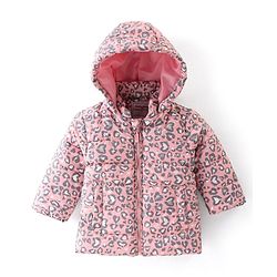 Babyhug Woven Full Sleeves Hooded Quilted Jacket Leopard Print - Pink