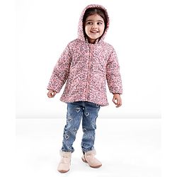 Babyhug Woven Full Sleeves Hooded Quilted Jacket Leopard Print - Pink