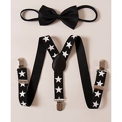 Babyhug Free Size Stars Printed Bow and Suspender Set - Black