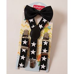 Babyhug Free Size Stars Printed Bow and Suspender Set - Black