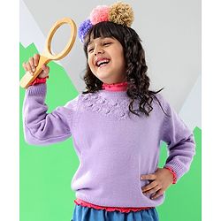 Babyhug Full Sleeves Sweater With Cable Knit Floral Design - Purple