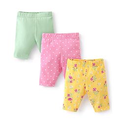 Babyhug Cotton Single Jersey Knit Capri Length Leggings Floral Print Pack of 3 - Green Pink & Yellow