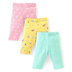 Babyhug Cotton Lycra Three Fourth Length Leggings Pack Of 3 - Pink Yellow & Green