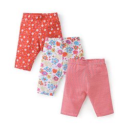 Babyhug Cotton Lycra Three Fourth Length Leggings Stripes & Floral Print Pack of 3- Red Pink & White