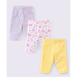 Babyhug Cotton Three Fourth Lycra Leggings Dot & Butterfly Print Pack of 3- Purple White & Yellow