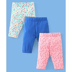 Babyhug Single Jersey Three Fourth Length Leggings Solid & Floral Print Pack Of 3 - Pink Blue & Green