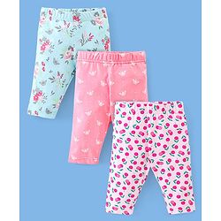 Babyhug Cotton Three Fourth Lycra Leggings Floral & Butterfly Print Pack of 3- Pink Green & White