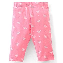 Babyhug Cotton Three Fourth Lycra Leggings Floral & Butterfly Print Pack of 3- Pink Green & White