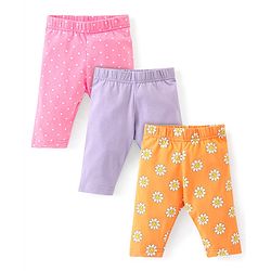 Babyhug Cotton Lycra Three Fourth Length Leggings Solid & Floral Print Pack Of 3 - Pink Orange & Purple