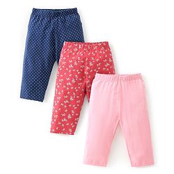 Babyhug Cotton Three Fourth Lycra Leggings Floral Print Pack of 3 - Pink Red & Blue