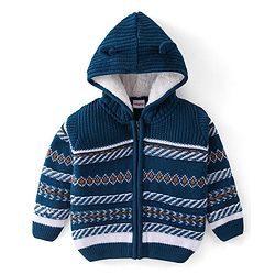 Babyhug Full Sleeves Front Open Hooded Sweater Stripe Design - Navy Blue