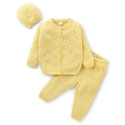 Babyhug Knit Full Sleeves Heart Design Sweater Set with Cap - Yellow
