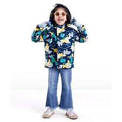Babyhug Woven Full Sleeves Hooded Jacket Dino Print - Blue