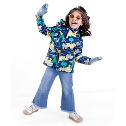 Babyhug Woven Full Sleeves Hooded Jacket Dino Print - Blue