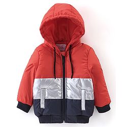 Babyhug Woven Full Sleeves Striped Hoodie - Red & Silver