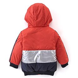 Babyhug Woven Full Sleeves Striped Hoodie - Red & Silver