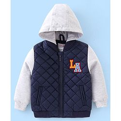 Babyhug Woven Full Sleeves Quilted Winter Jacket Text Embroidery - Navy Blue