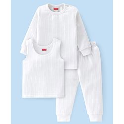 Babyhug Cotton Full Sleeves Solid Color Vest Pullover & Bottom Thermal Wear Combo Pack Of 3 -Off White